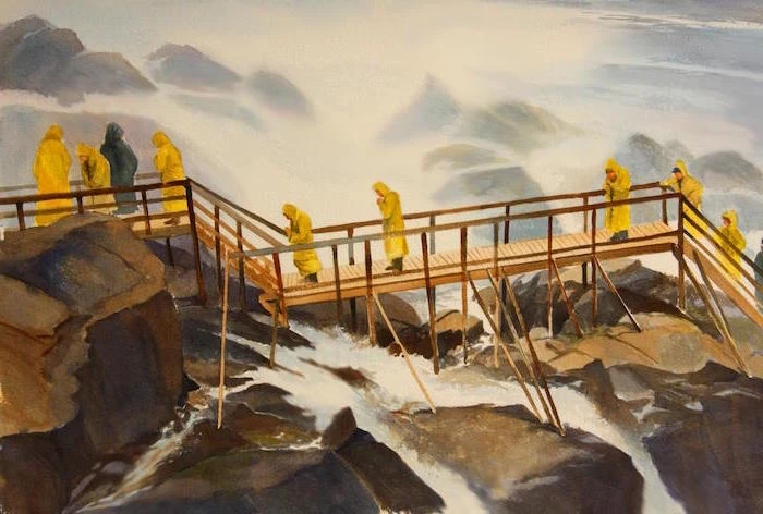 niagara falls, wooden bridge, watercolor landscape painting, people walking on the bridge, wearing raincoats