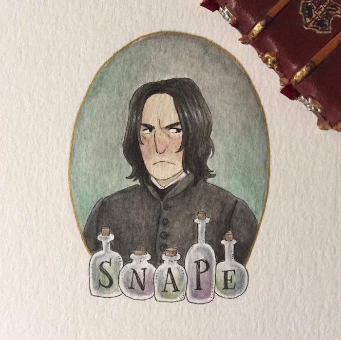 drwing of snape, portrait drawing, hermione granger drawing, potions bottles in front of him, white background