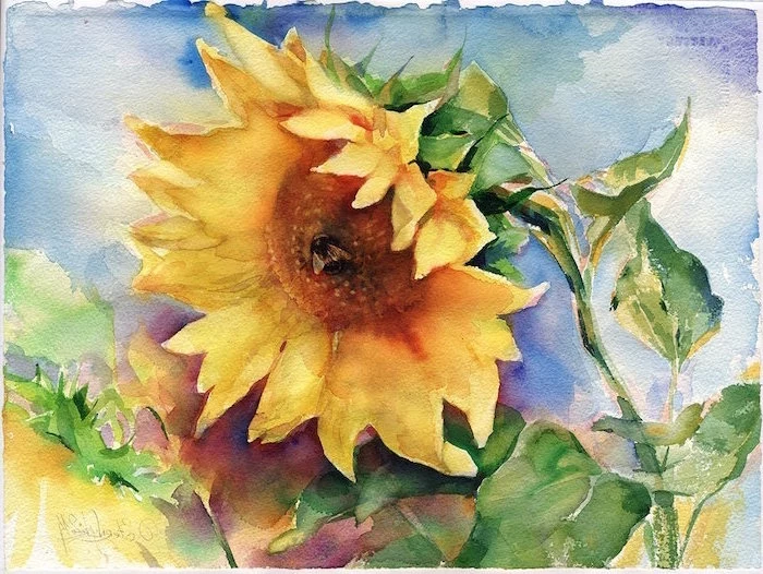 painting of a sunflower, bee in the middle of it, beginner easy painting ideas, blue watercolor background