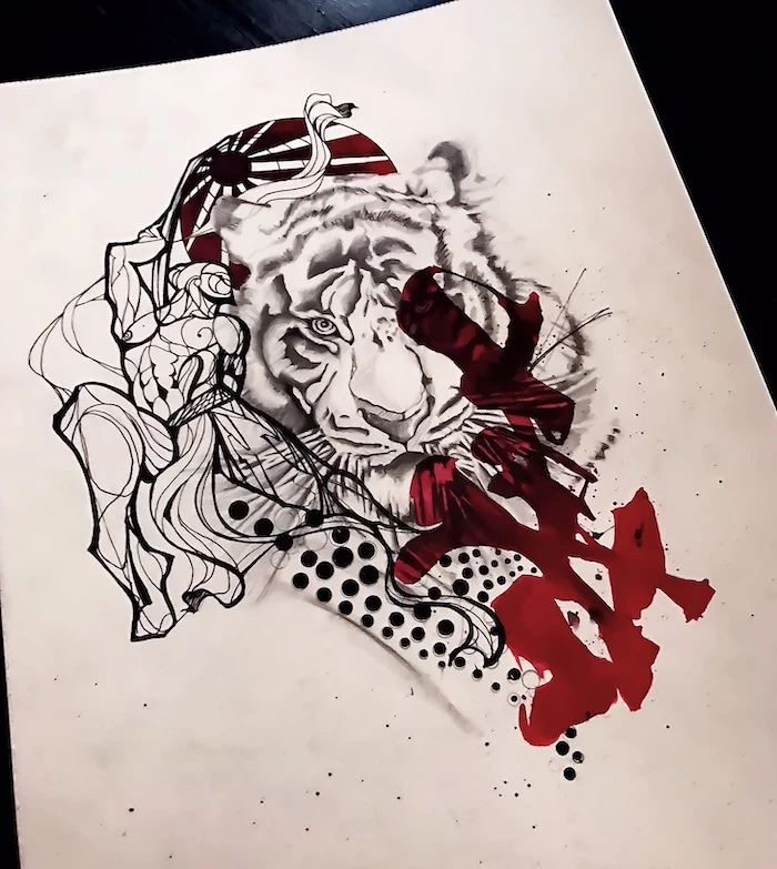 drawing of tiger head surrounded by red and black lines and dots trash polka chest tattoo white background