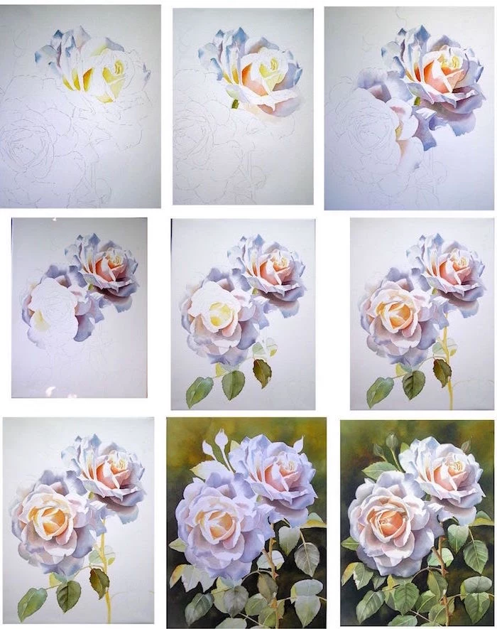 step by step diy tutorial, two white roses, surrounded by leaves, beginner easy painting ideas