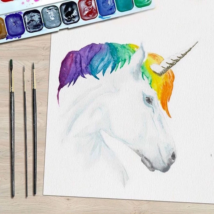 painting of a unicorn, mane painted in different colors, beginner easy painting ideas, painted on white background