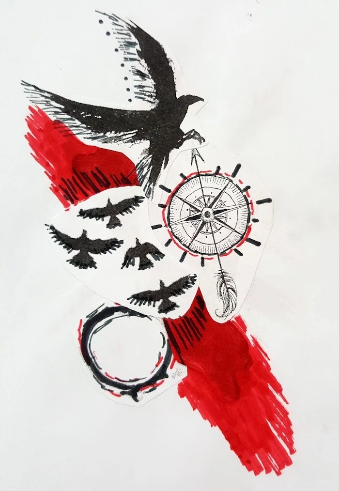 eagle birds compass red and black lines what is trash polka tattoo drawing on white background