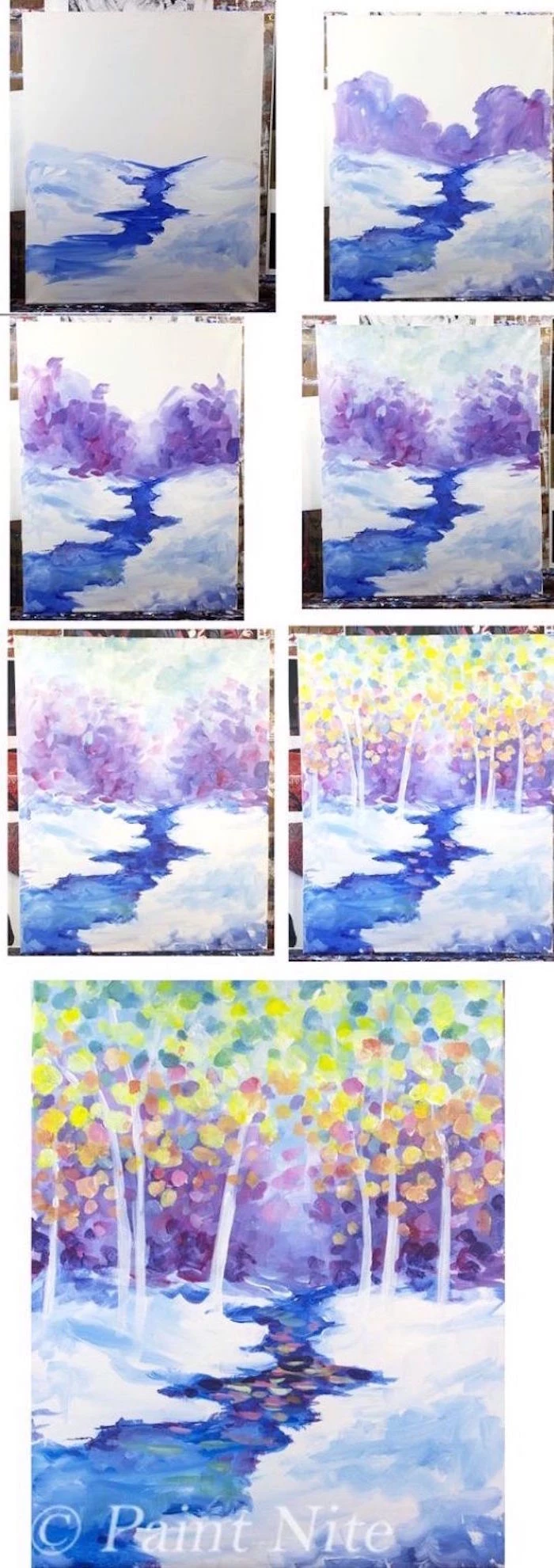 step by step diy tutorial, beginner easy painting ideas, river flowing through snowy field, tall trees in the background