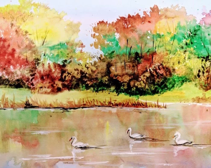 lake with swans, surrounded by trees, painted in different fall colors, easy watercolor flowers