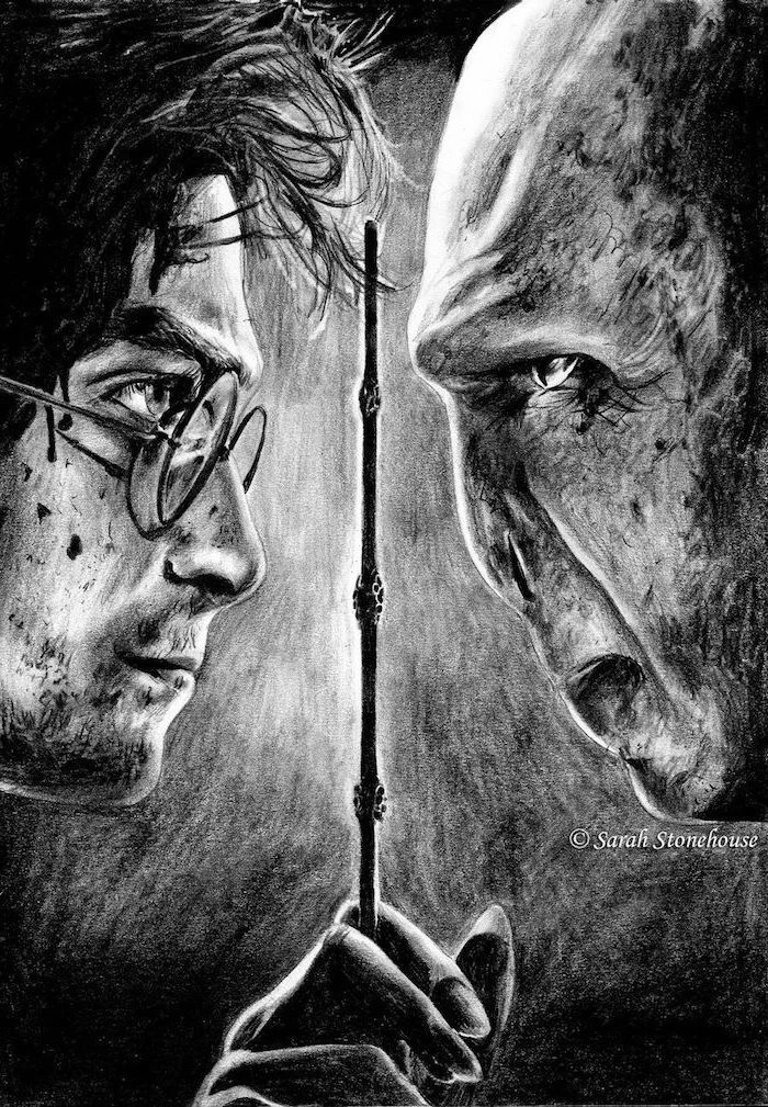 elder wand in the middle, harry potter against voldemort, black and white pencil drawing, hogwarts drawing