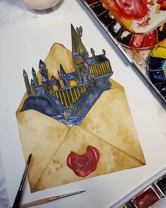 hogwarts castle, coming out of an envelope, hogwarts drawing, colored drawing, white background