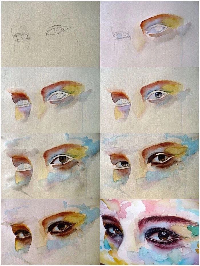 how to draw eyes, step by step diy tutorial, easy watercolor flowers, painted in watercolor in different colors