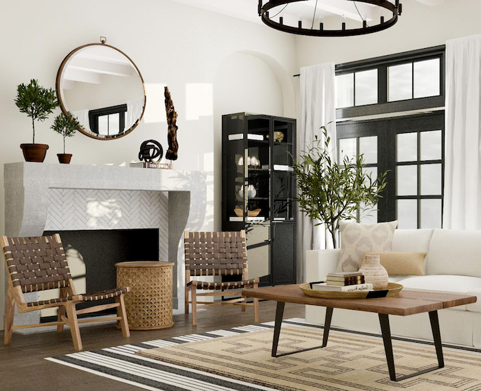 wooden coffee table, white sofa and two wooden armchairs, placed in front of a fireplace, modern farmhouse living room, wooden floor