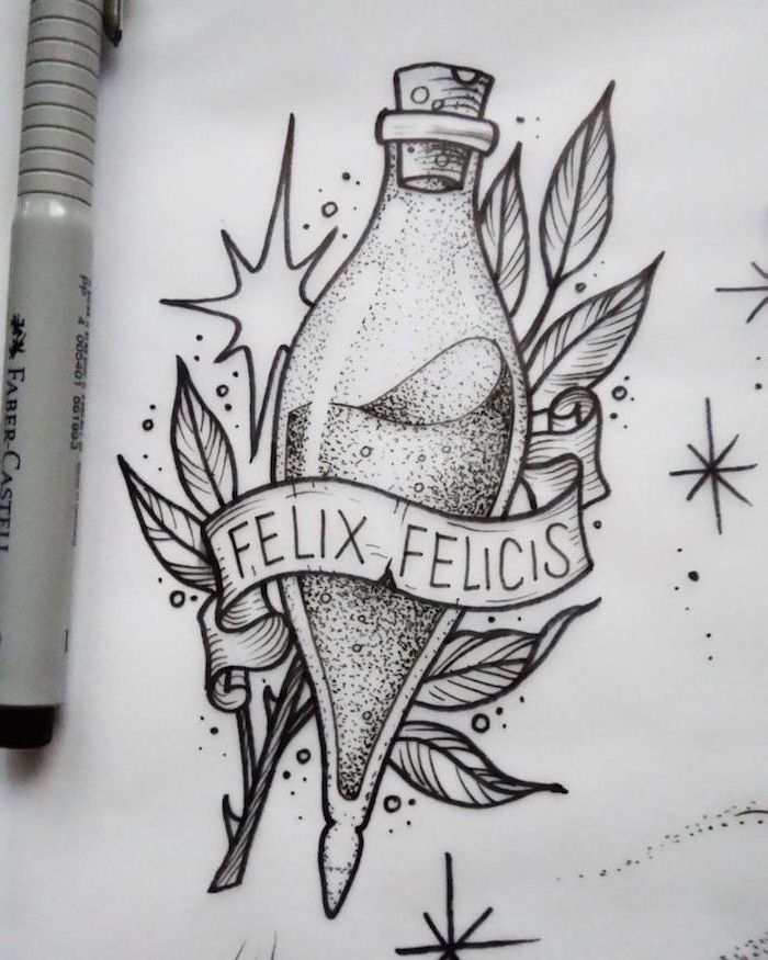 potions bottle, felix felicis, hogwarts drawing, black and white pencil drawing, white background