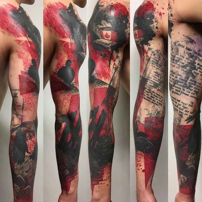 five side by side photos of tattoo sleeve trash polka eagle tattoo red and black tattoo