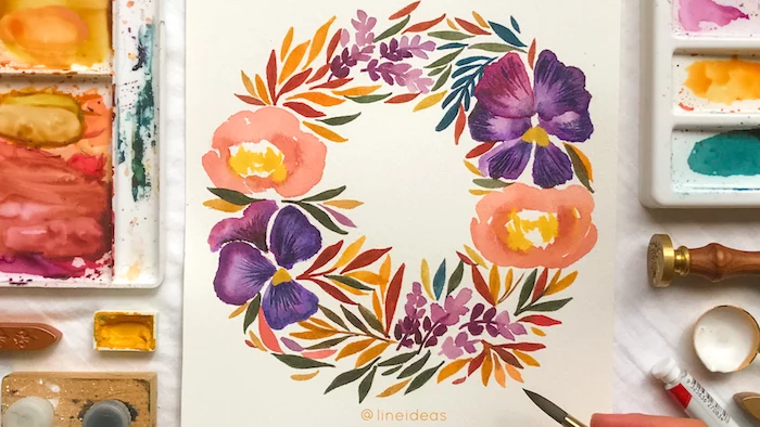 floral wreath, purple and orange flowers with colorful leaves, watercolor landscape, painted on white background