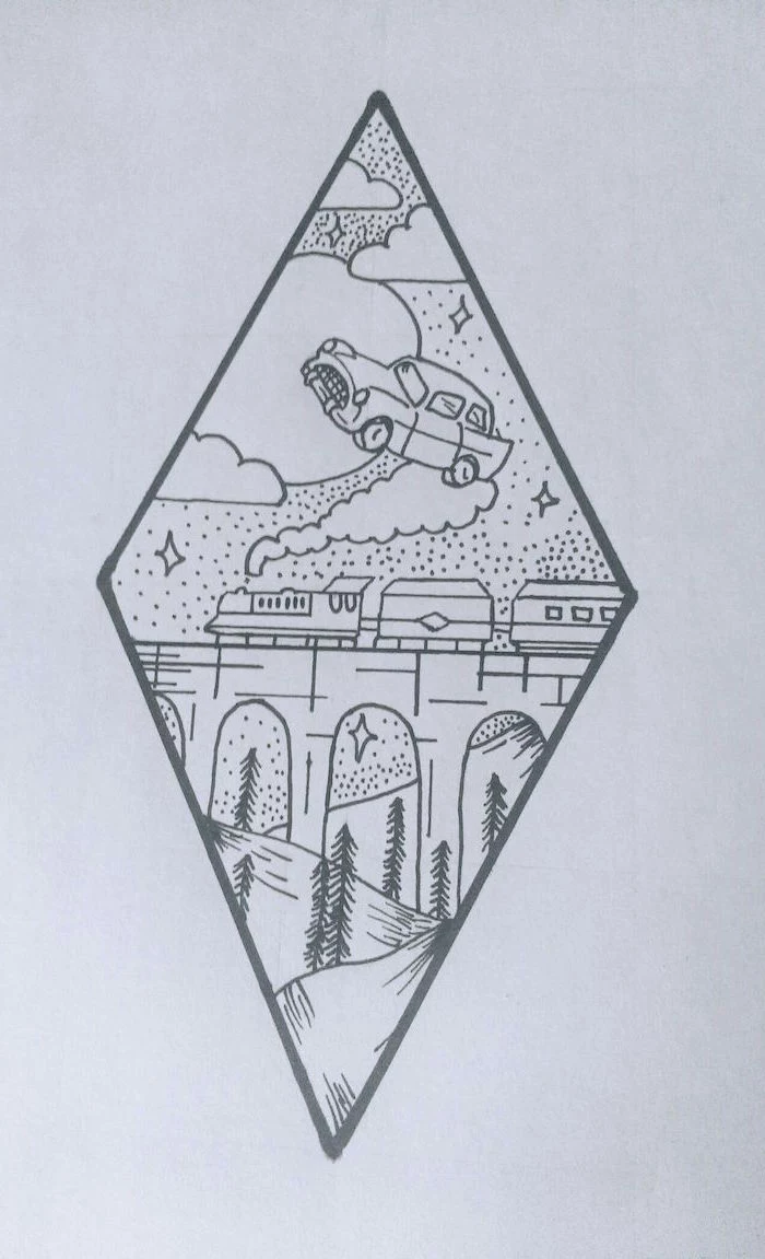 car flying above the hogwarts express, hogwarts drawing, black and white pencil drawing, white background