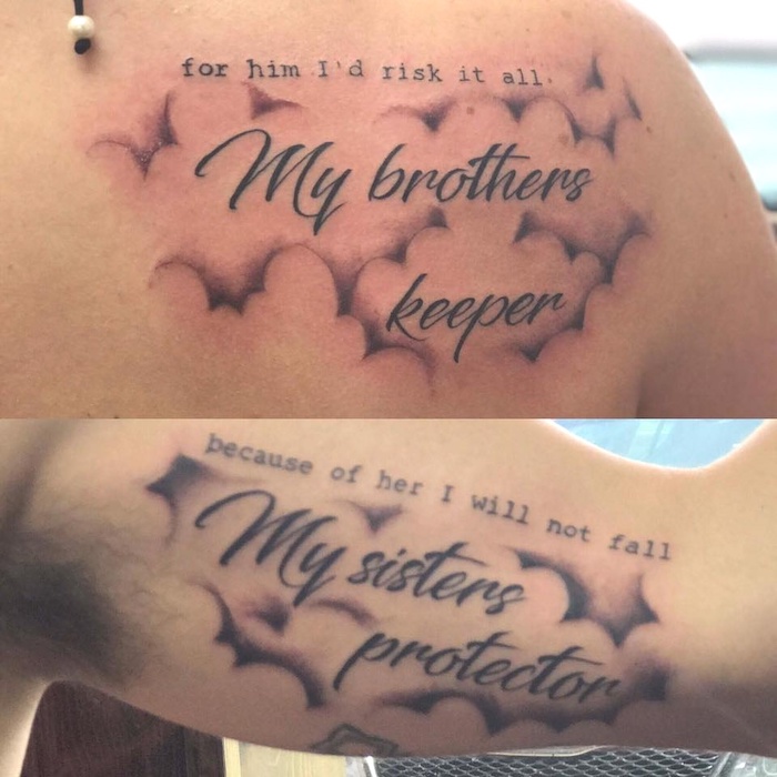 for him id risk it all because of her i will not fall brother sister tattoo ideas back of shoulder and inside arm tattoos