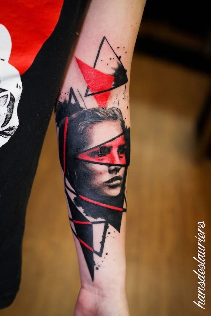 forearm tattoo of woman surrounded by red and black triangles what is trash polka tattoo