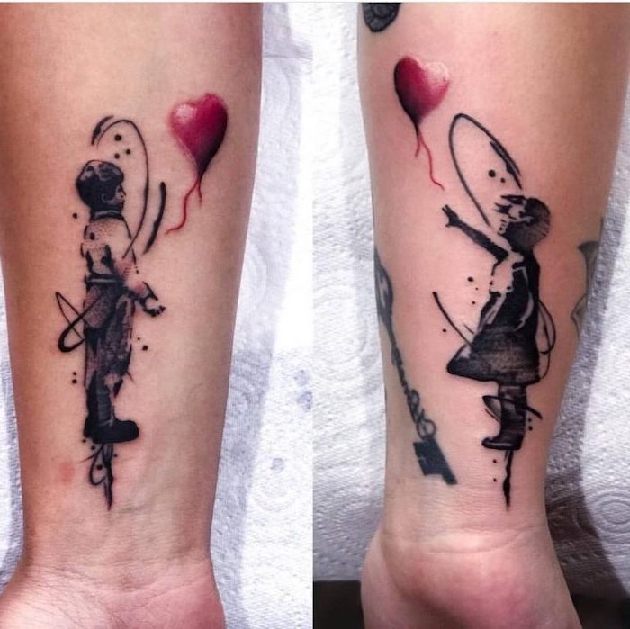forearm tattoos of boy and girl with balloon in heart shape brother and sister matching tattoos inspired by banksy art