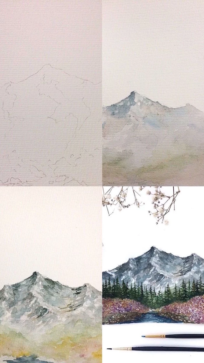 step by step diy tutorial, easy watercolor painting ideas, mountain landscape in four steps, trees and river