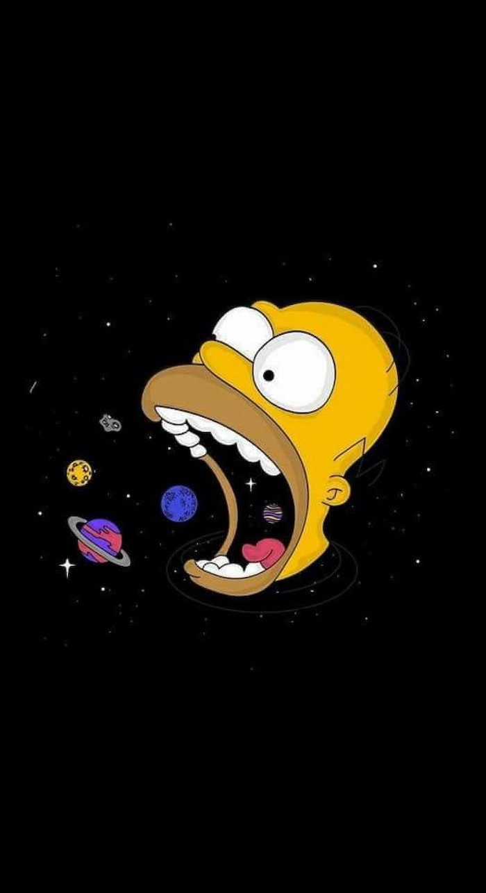 funny computer wallpaper drawing of homer simpson eating planets from the galaxy