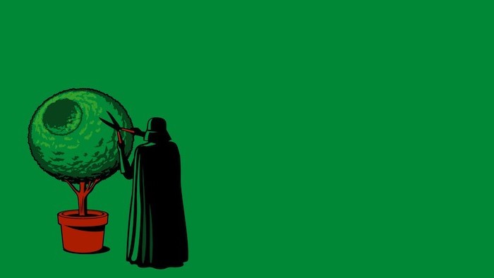 funny desktop backgrounds cartoon of darth vader trimming bush in the shape of the death star green background