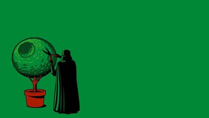 funny desktop backgrounds cartoon of darth vader trimming bush in the shape of the death star green background