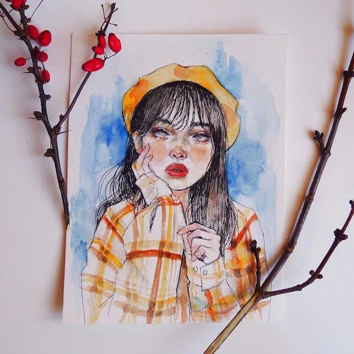 brunette girl with bangs, wearing orange and white plaid shirt, orange hat, easy watercolor painting ideas, blue background