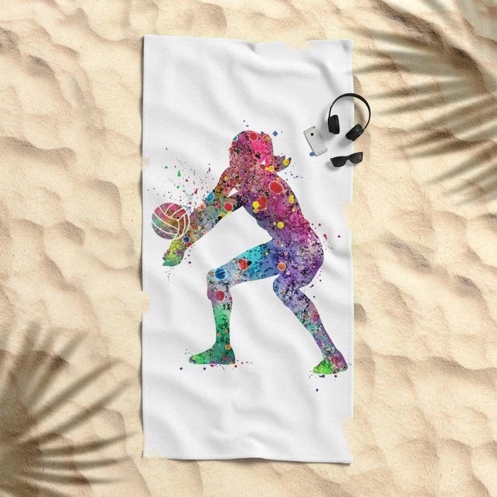 woman playing volleyball, abstract art, watercolor landscape, colorful painting, printed on beach towel, placed on the sand