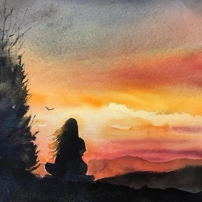 girl with long hair sitting on a rock, watching the sunset, watercolor landscape, birds flying in the distance