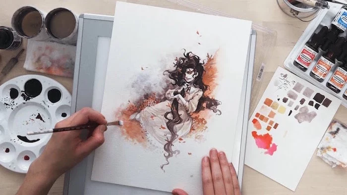 girl with long black hair, wearing long white dress with long sleeves, watercolor painting ideas, white background
