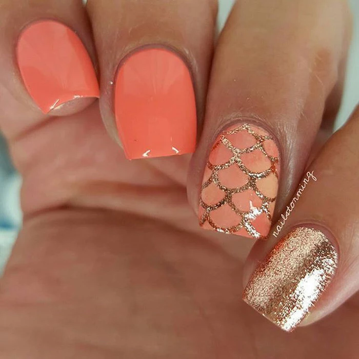 orange nail polish, cute summer nails, gold glitter nail polish, mermaid tail decorations, short square nails