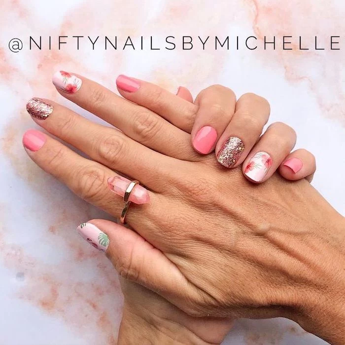 short squoval nails, pink nail polish, rose gold glitter nail polish, cute summer nails, flowers decorations