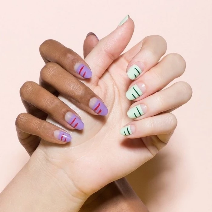 green and black nail polish, purple and red nail polish, cute nail ideas, medium length almond nails