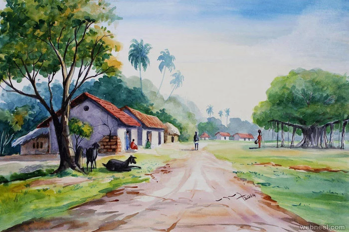 village landscape, easy watercolor painting ideas, small houses, tall trees and palm trees in the background