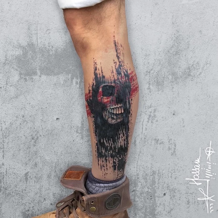 grey background trash polka tattoo sleeve leg tattoo of skull surrounded by red black lines