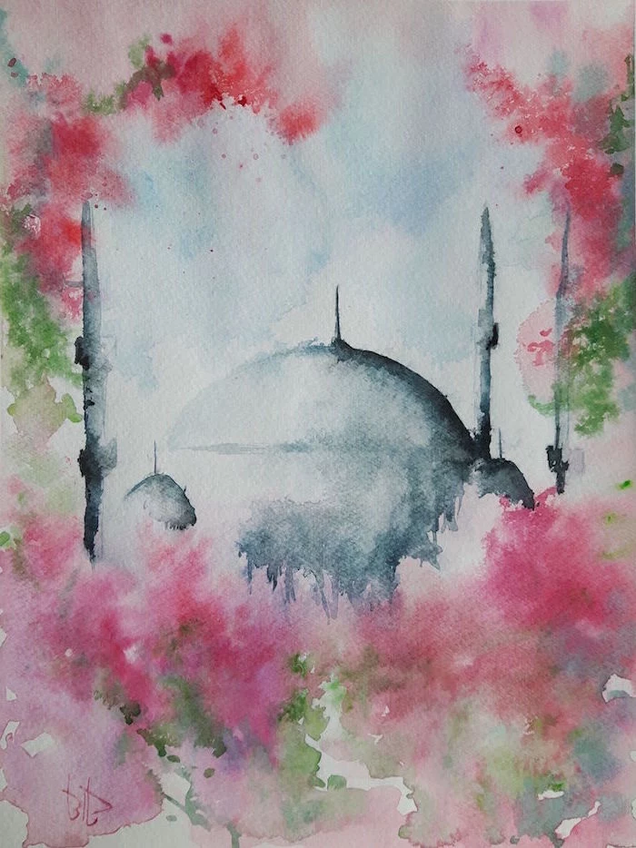 grey dome, surrounded by pink and green watercolor, easy watercolor paintings for beginners