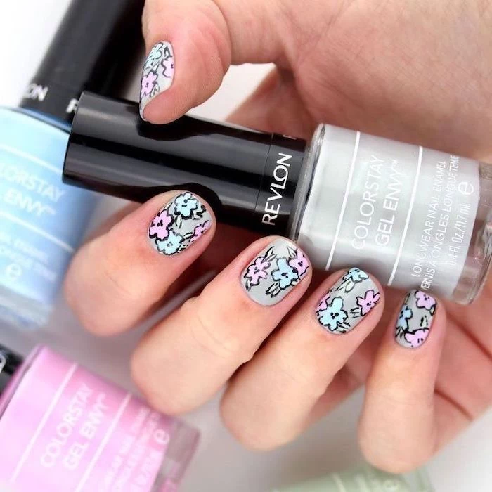 grey nail polish, blue and pink flowers decorations, short squoval nails, cute summer nails