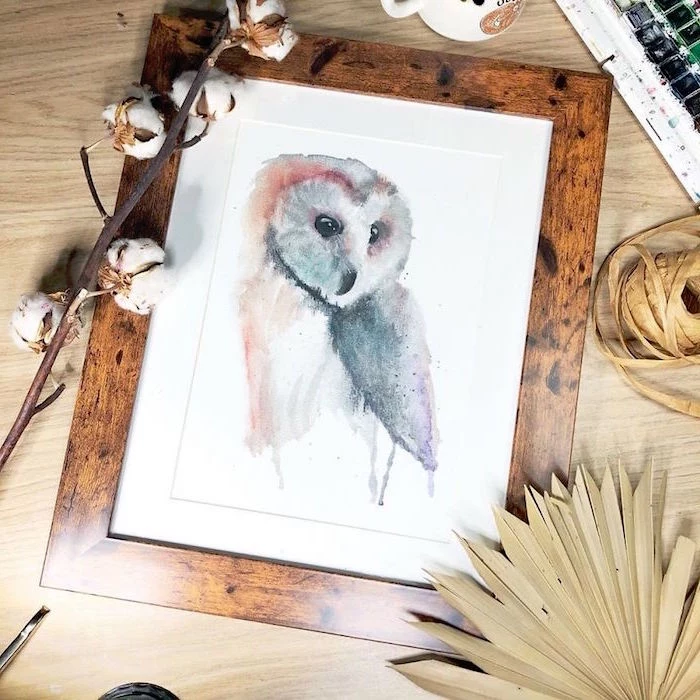 painting of an owl, painted in grey and orange, easy watercolor paintings for beginners, painted on white background