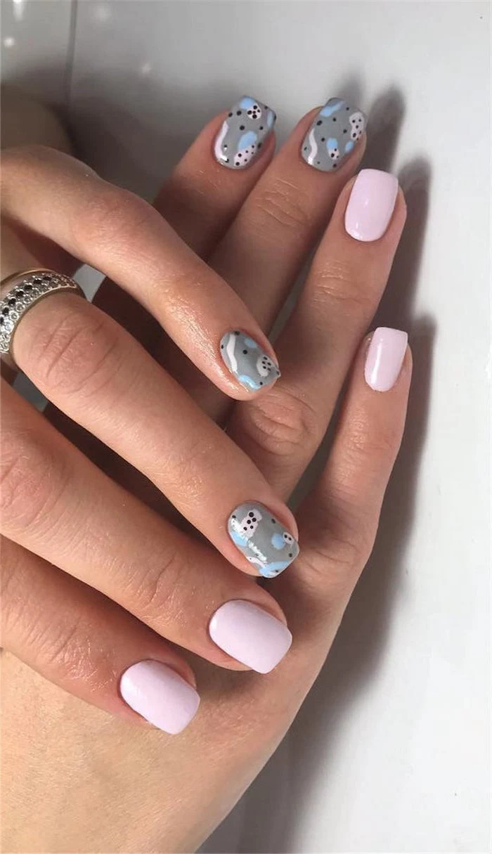 pink and grey nail polish, abstract decorations, black blue and pink, cute summer nails, short square nails