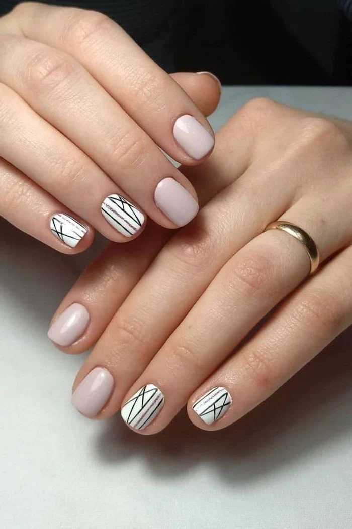 french tip nail designs, light grey nail polish, black and gold lines decorations, short squoval nails