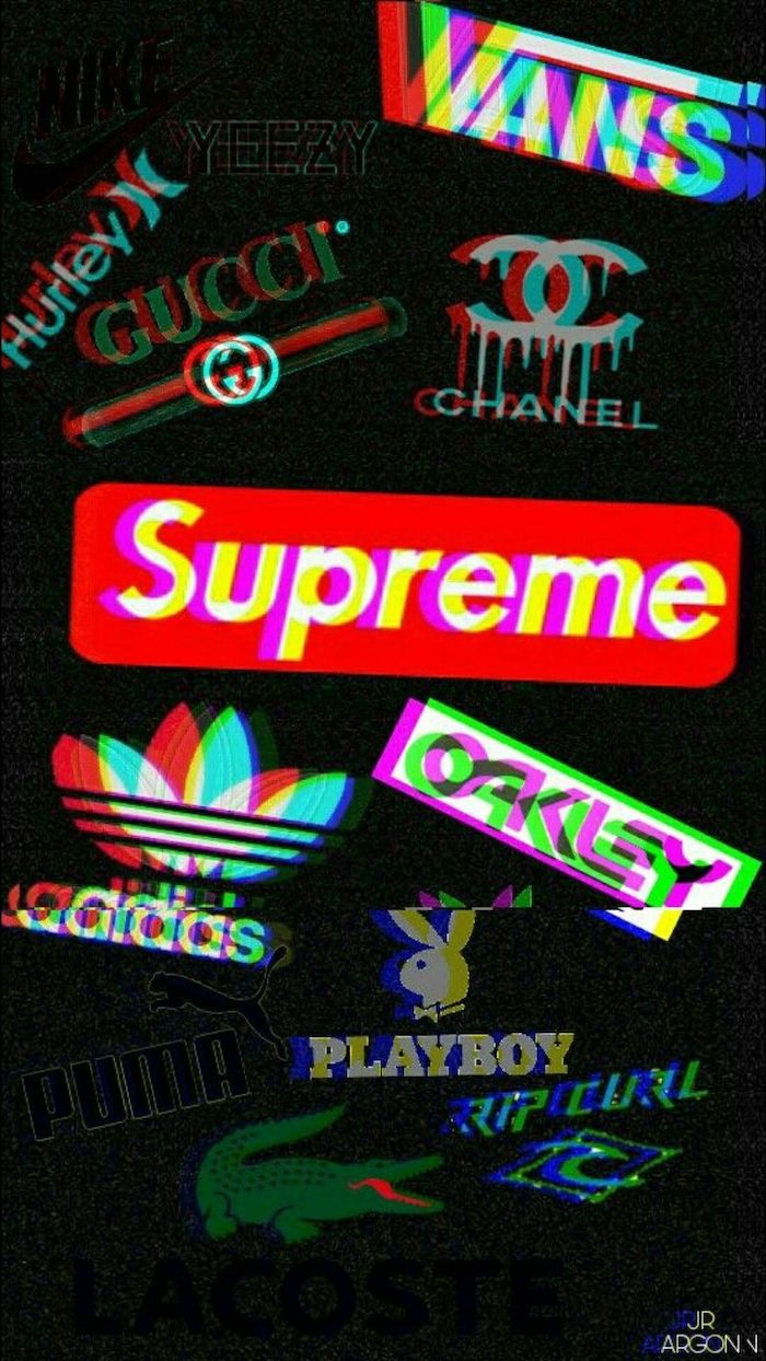 gucci vans chanel adidas puma oakley logos on black background supreme red and white logo at the center cool hypebeast wallpapers