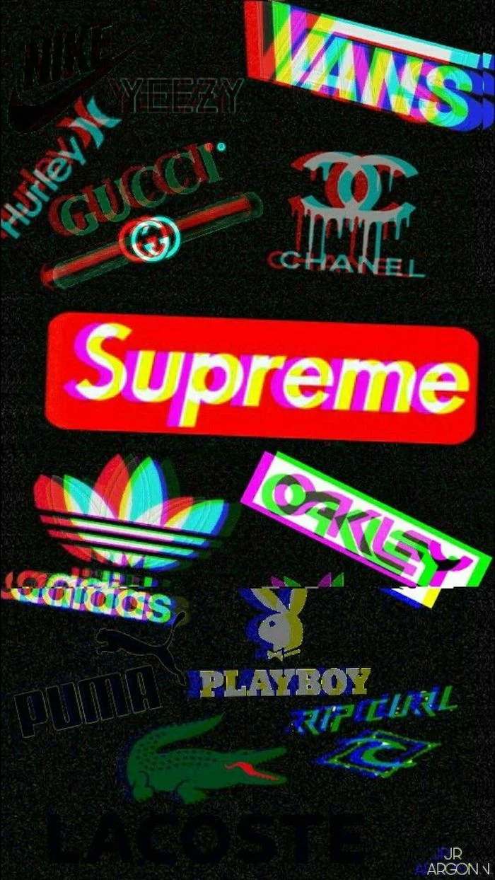 gucci vans chanel adidas puma oakley logos on black background supreme red and white logo at the center cool hypebeast wallpapers