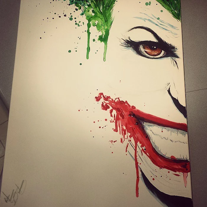 half of the joker's face, watercolor painting ideas, painted on white background, green hair and red lips