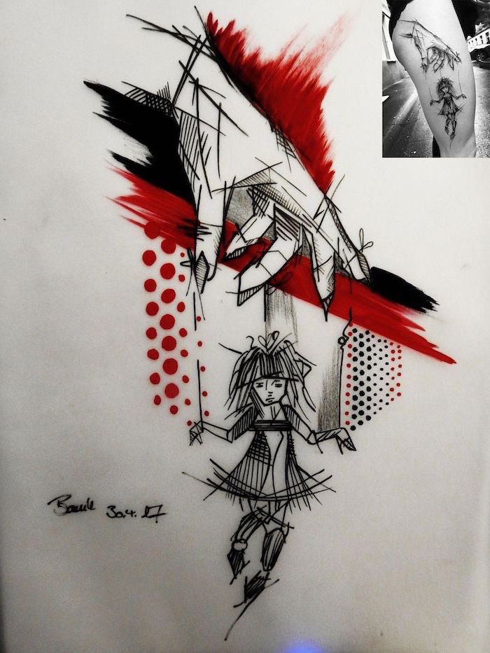 hand controlling a doll trash polka design pupeteer red and black lines dots around it