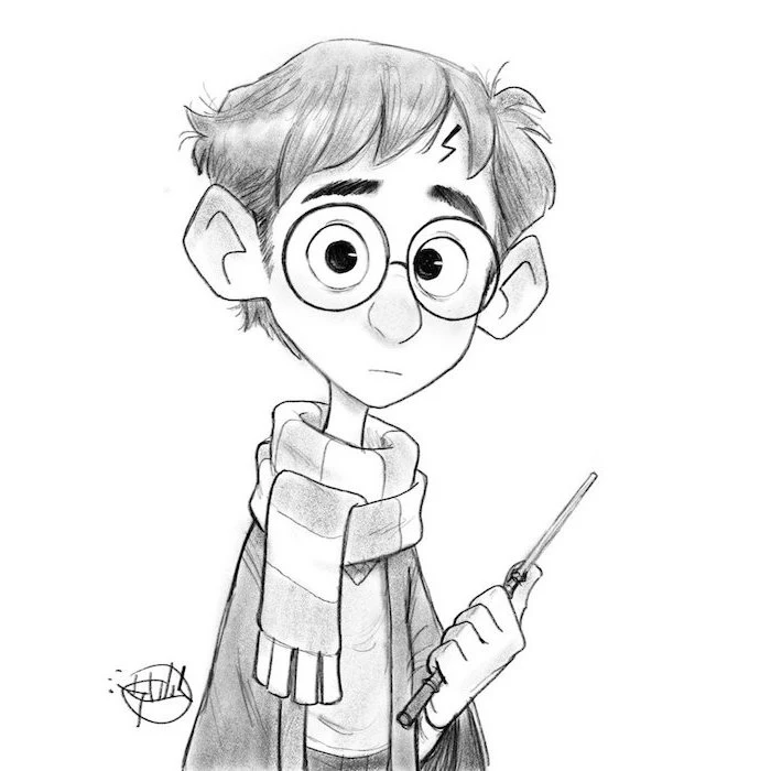 harry potter as a cartoon, holding a wand, cartoon harry potter characters, black and white pencil drawing