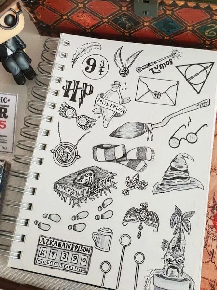 felix felicis potion in bottle, the golden snitch, cartoon harry potter characters, hogwarts letter, black and white pencil drawings