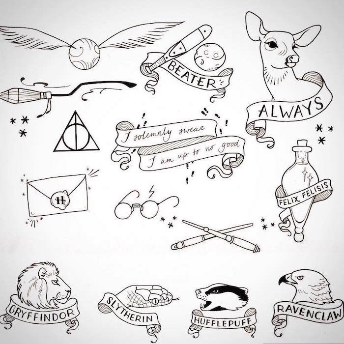 black and white pencil drawings, drawing harry potter characters, the golden snitch, deathly hallows symbol, hogwarts letters