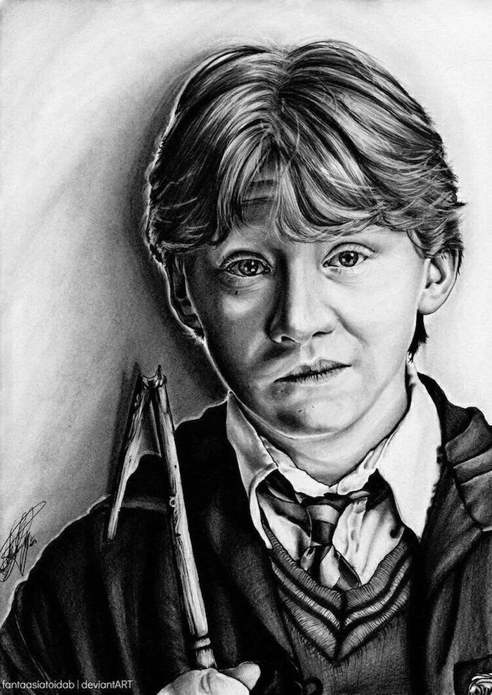 portrait drawing, ron weasley, holding his broken wand, drawing harry potter characters, black and white pencil drawing