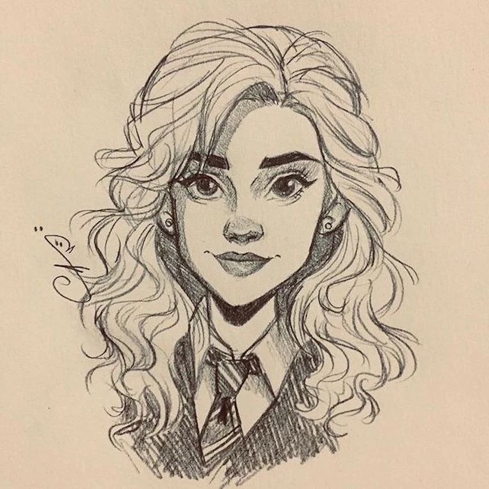 black and white pencil drawing, hermione granger, drawing harry potter characters, white background