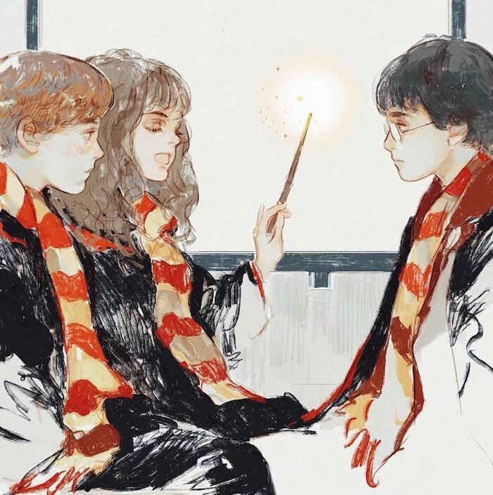 watercolor painting, hermione granger, holding a wand, drawing harry potter characters, ron weasley, harry potter