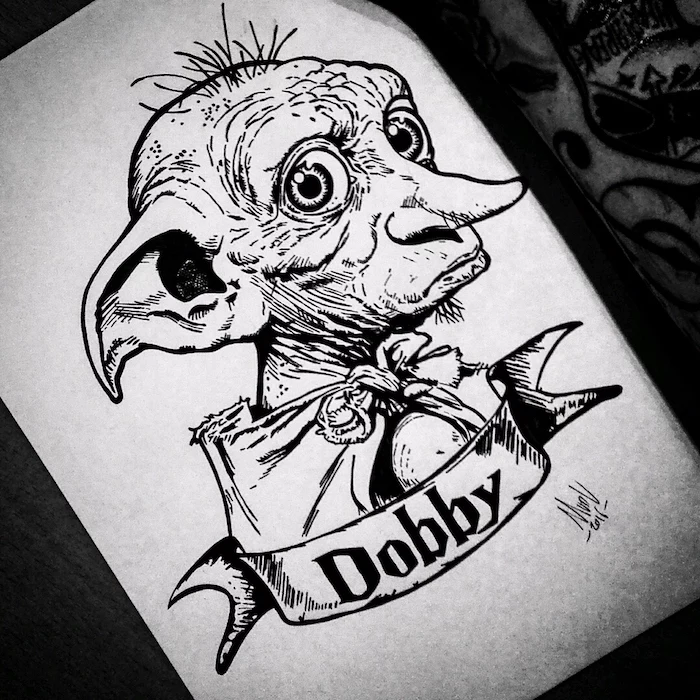 portrait drawing, harry potter drawing ideas, drawing of dobby, black and white pencil drawing