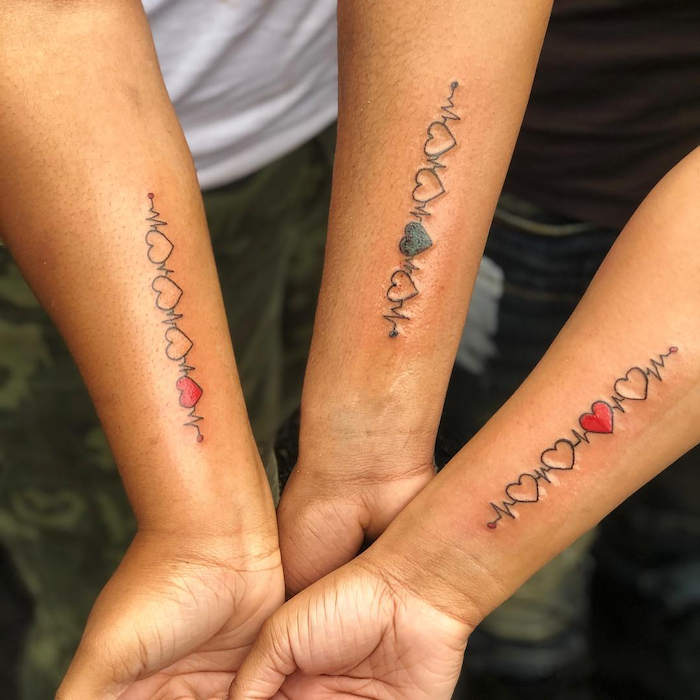 hearts and heartbeat lines in red and blue sibling tattoo ideas matching forearm tattoos on three siblings